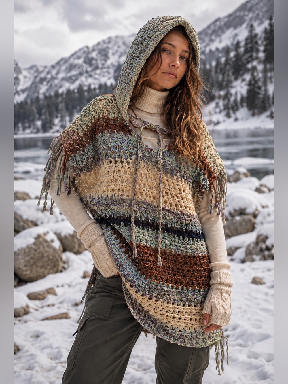 HAND CRAFTED One Size Cozy Pullover Sweater Poncho with Hoodie Crochet - Picture 1 of 6